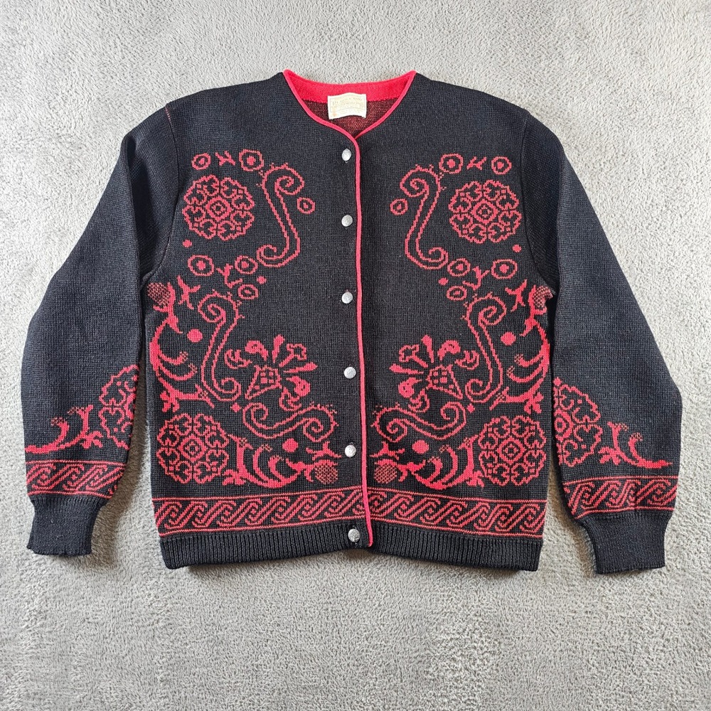 Pendleton Vintage 100% Virgin Wool Cardigan Sweater Black Red Floral USA Large